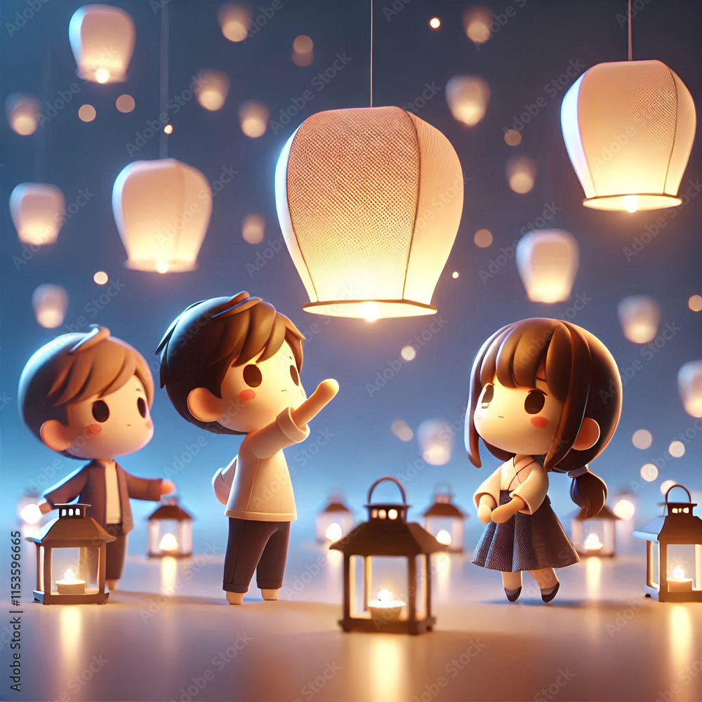 Poster 3d bokeh digital art of children releasing sky lanterns with ample copy space below. concept as chil