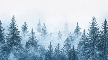 Winter themed doodle of snowy evergreen trees in a misty forest during a serene morning light. Generative AI