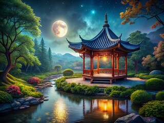 Obraz premium Serene Night: Minimalist Asian Pavilion in Moonlit Garden - Oil Painting Style