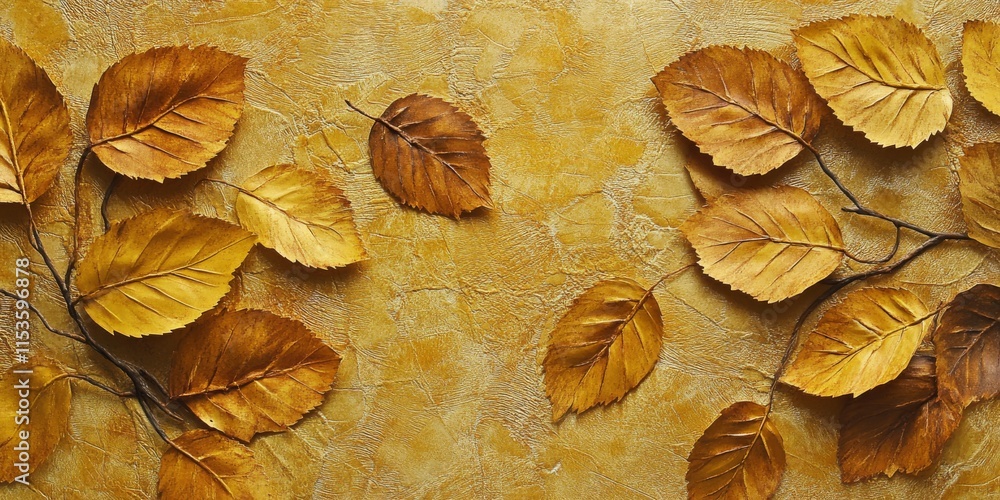 Poster golden leaves of autumn are placed on textured paper, creating a visually appealing arrangement that