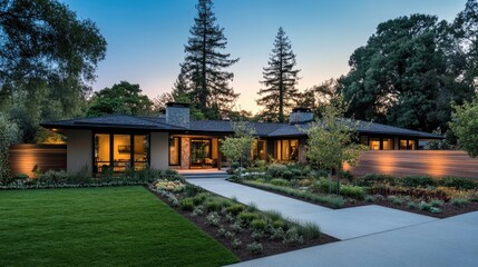 Obraz premium Modern Architectural Home Surrounded by Trees at Dusk