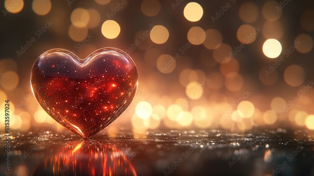 Aufkleber sparkling red heart on glimmering background with bokeh lights