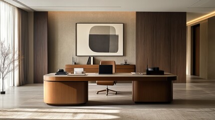 Modern Office Interior with Elegant Wooden Furniture and Artwork