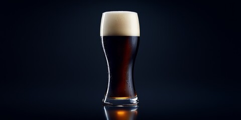 Pilsner Lager is presented in a dark beer glass, showcasing the contrast of the light colored beer against the deep hue of the glass.