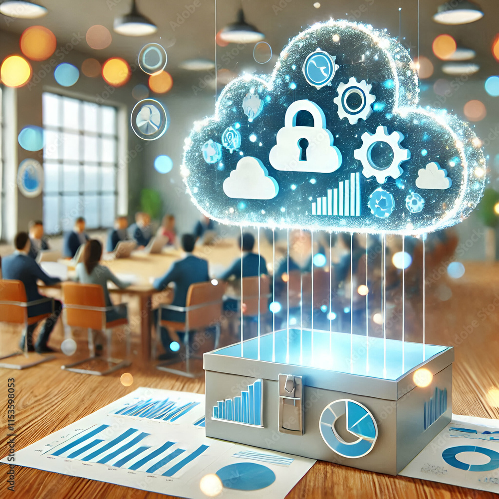Poster 3d bokeh cloud analytics concept in business meeting room with holographic interface