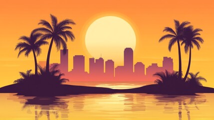 Sunset Over City Skyline with Palm Trees and Water