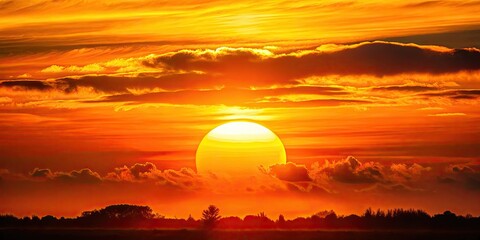 Obraz premium Fiery sunset silhouette, bathed in orange and yellow hues, captures the sun's radiant beauty.