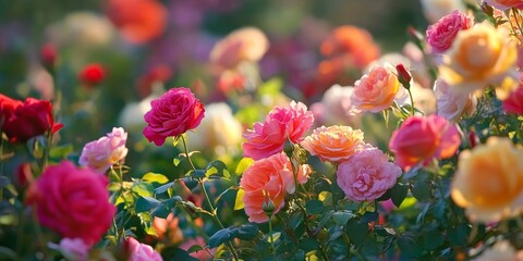 A vibrant garden filled with blossoming roses showcases an array of colors and beauty. The blooming roses add charm to this delightful and colorful garden.