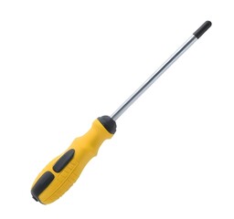 A yellow and black screwdriver with a long metal shaft