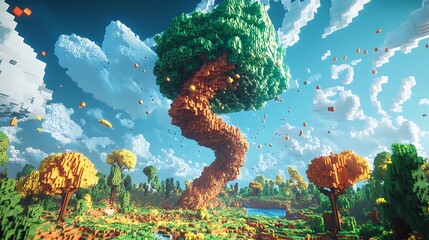 Stunning 3D Render: Autumnal Voxel Tree Spiraling Gracefully Across a Lush Landscape. AI Generated