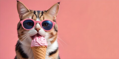 Fototapeta premium A cute tabby cat wearing pink sunglasses and licking an ice cream cone against a background