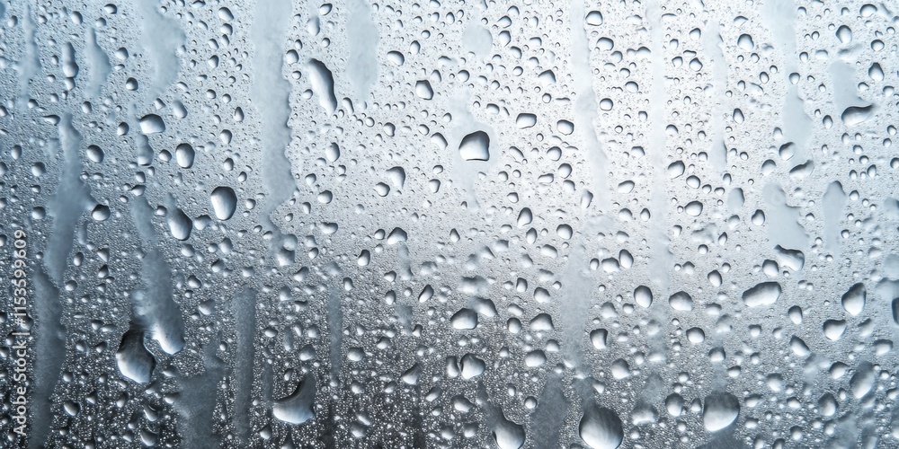 Poster dripping condensation forms on the clear glass window, creating a captivating display of water drops