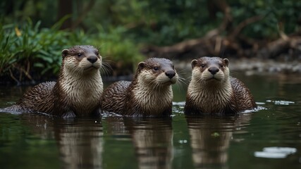 Four badgers swimming and playing in a calm river during a sunny afternoon, surrounded by lush greenery, showcasing aquatic wildlife in nature.