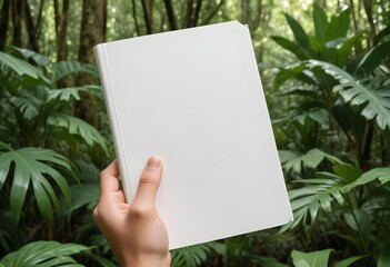 A hand holding a blank white book mockup against a background of a tropical forest