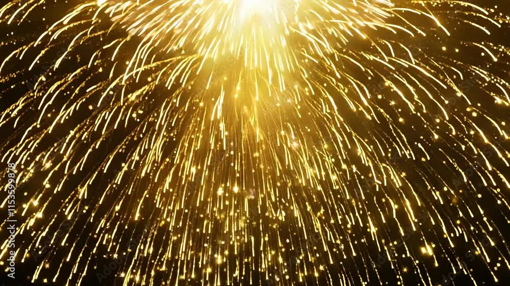 Poster 4k gold fireworks explosion effect with floating sparkles and glowing particles on black background