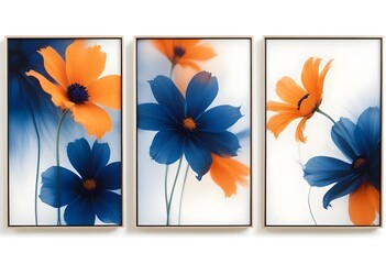 A triptych of three framed abstract floral artworks. The first frame shows a large orange flower with soft, blurred edges. The second frame depicts a dark blue flower with a soft, ethereal quality. 