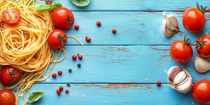 Spaghetti with tomato and garlic beautifully arranged on a blue wooden background, showcasing the delicious combination of spaghetti, tomato, and garlic for a vibrant culinary presentation.