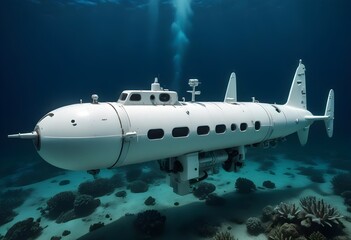 Fototapeta premium A submarine-like underwater vehicle with multiple propellers and cameras, floating in a blue-green underwater environment