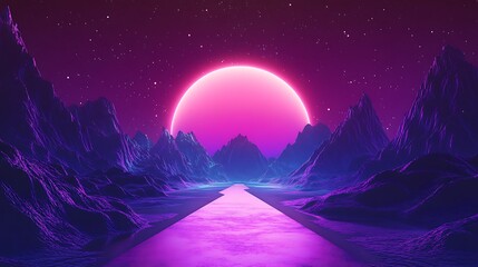 Fototapeta premium Vibrant Retro-Futuristic Digital Painting: Glowing River Winds Through Purple Mountains Under a Neon Pink Sun. AI Generated