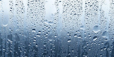 Dripping condensation forms on the clear glass window, creating a captivating display of water drops. This abstract background texture highlights the intricate details of moisture close up.