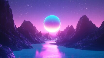 Vibrant 3D Render: Synthwave-Inspired Landscape with Glowing Orb at Sunset. AI Generated