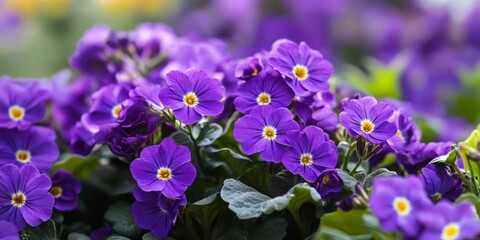 A vibrant mass of purple polyanthus flowers creates a stunning visual display. These purple polyanthus flowers exhibit a lively burst of color, adding beauty to any landscape or garden setting.