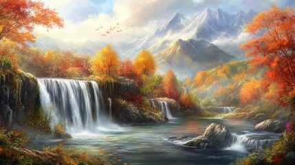Vibrant Autumn Landscape with Waterfalls and Mountains