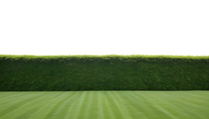 A lush green hedge or shrub wall with a grassy field in the foreground