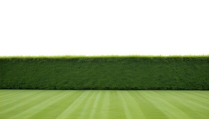 A lush green hedge or shrub wall with a grassy field in the foreground