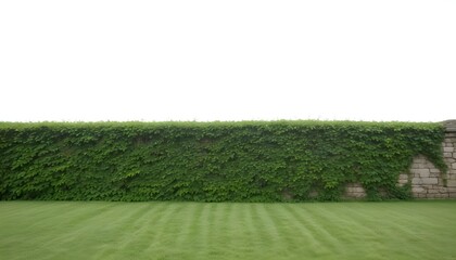 A stone wall covered in ivy with a grassy field in the foreground