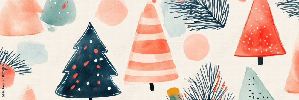 Poster Colorful Christmas card design featuring various trees and festive elements in a cheerful pattern. Generative AI