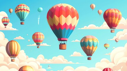 Obraz premium An illustration of many colorful hot air balloons floating in a blue sky.