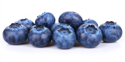 Fototapeta premium Fresh, ripe blueberries beautifully arranged on a white background, showcasing the vibrant color and natural appeal of ripe blueberries for delightful visual presentation.