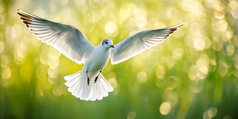 Obraz premium Black headed Gull Larus ridibundus soaring gracefully against a backdrop of vibrant green grass, showcasing its beauty in flight with stunning backlighting effects.