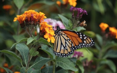 Obraz premium A Monarch Butterfly resting on a flowering plant, showcasing its vibrant colors and delicate wings in a serene environment