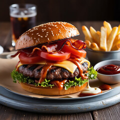 Gourmet Burger Delight with Fries and Soda - A Perfect Comfort Meal