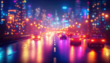 Obraz premium Cars on City Road at Night with Neon Bokeh Lights and Wet Asphalt