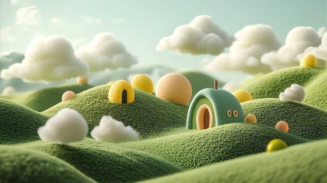 Whimsical 3D fantasy landscape with colorful rolling hills and fluffy clouds