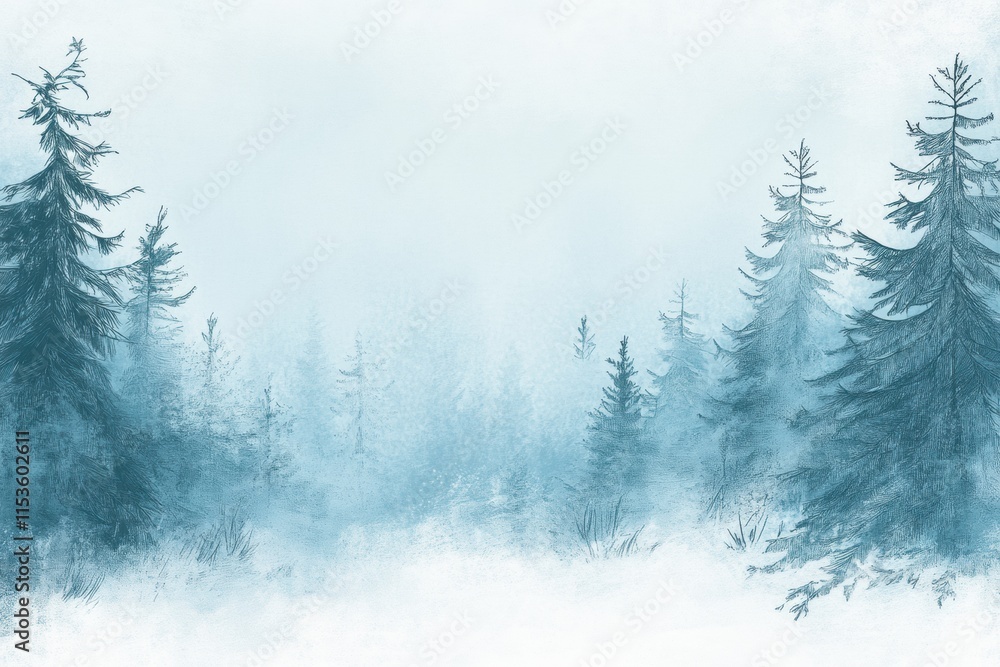 Poster winter wonderland doodle featuring serene trees and soft snowfall in a tranquil forest setting. gene