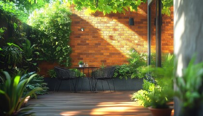 Obraz premium Outdoor Patio with Woven Chairs and Lush Greenery at Brick Wall