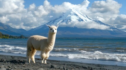 Alpaca and Osorno Volcano on a cloudy day, Lake Region, Chile