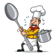 Stressed Cartoon Chef Giant Spoon Cooking Pot Food Restaurant