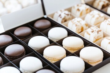 Delightful display of colorful macaroons in an elegant box showcasing vibrant hues and irresistible sweetness