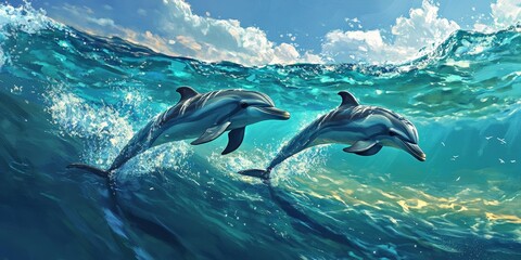 Wild Dolphins Gracefully Swimming Vibrant