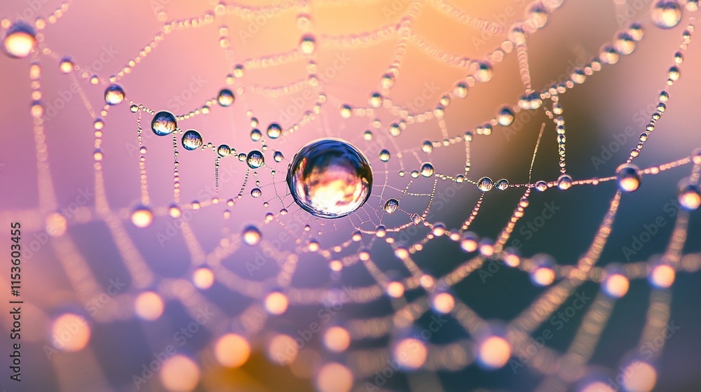 Poster a close-up of a spider web adorned with dew drops, shimmering in light.