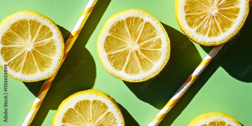 Poster slices of lemon arranged on a vibrant green background alongside two striped straws, creating a refr