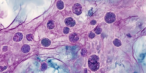 Microscopic image of a fungus infection in the lung, Hematoxylin and Eosin staining highlights the presence of fungal hyphae in the histology tissue block specimen.