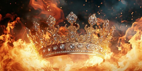 A dazzling golden crown embellished with diamonds is encircled by vibrant flames, creating a stunning and fiery display around the royal piece.