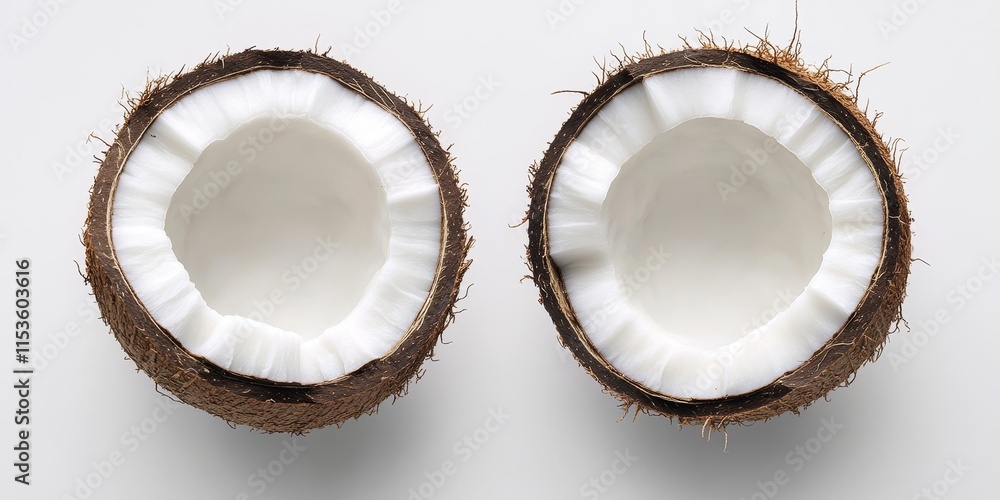 Poster half of a coconut is sliced in two and is presented separately against a plain white background. thi