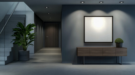 Modern interior with wooden sideboard and blank frame on wall mockup